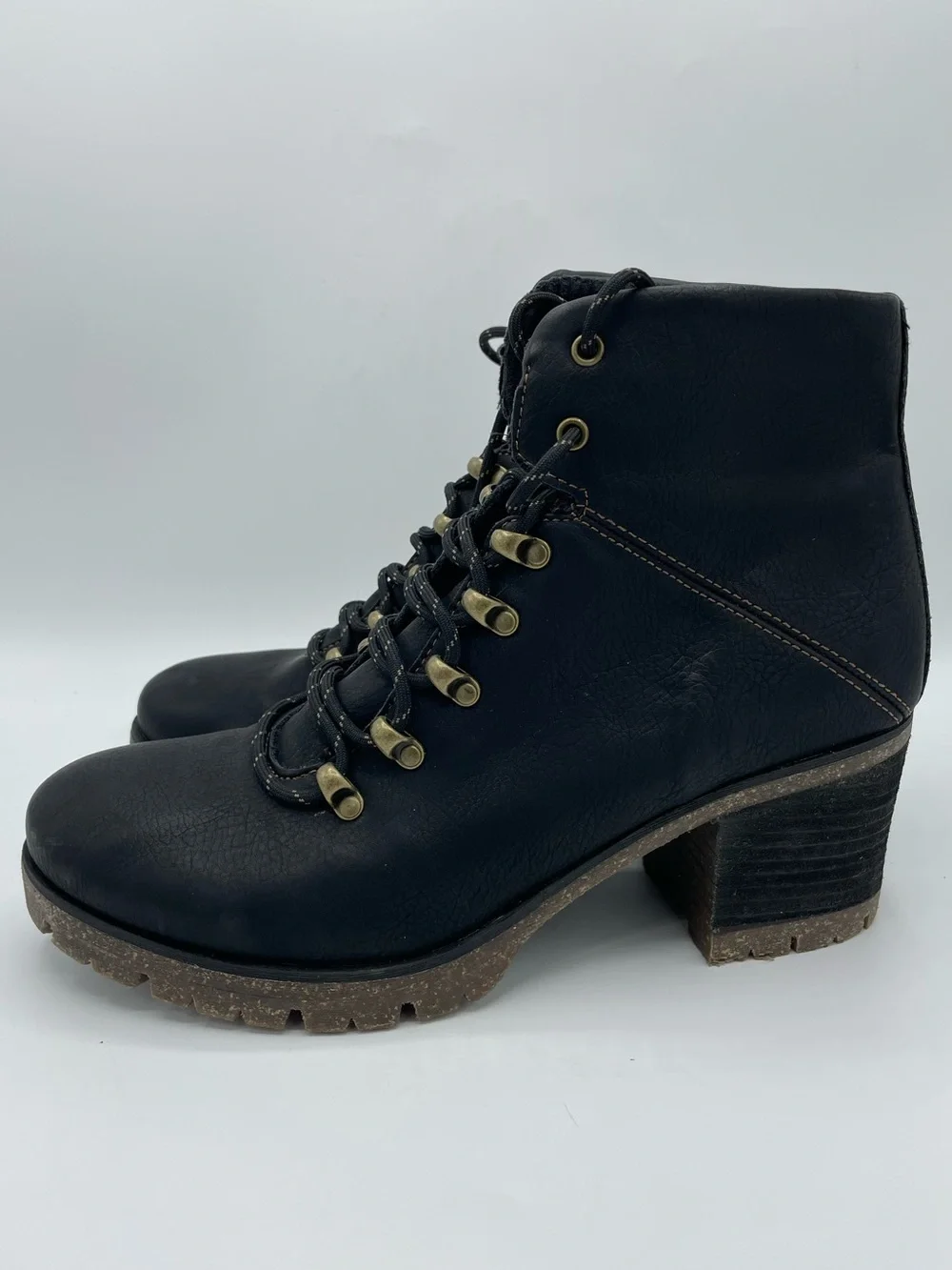 Korks by Kork-Ease Erica Black Lace-Up Hiker Combat Lug Heel Ankle Boots.